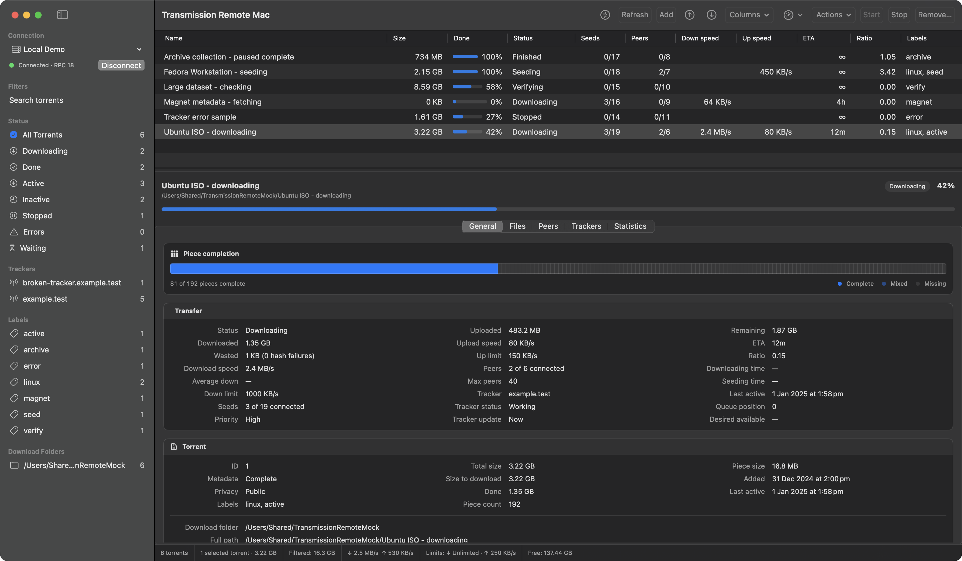 Transmission Remote Mac showing a torrent queue, filters and torrent details